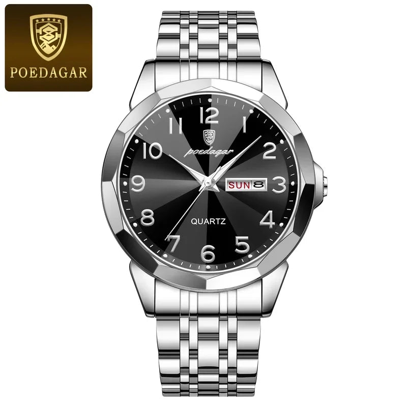 Poedagar 852 Men's Luxury Quartz Watch – Stainless Steel Band, Waterproof, Luminous, Date