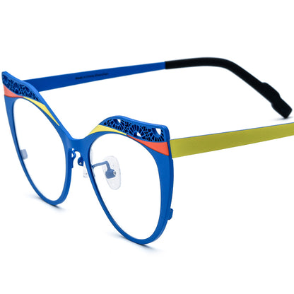 Matte Titanium Hollow-Out Cat Eye Optical Glasses Frame - Matte Blue Yellow - MCROONS