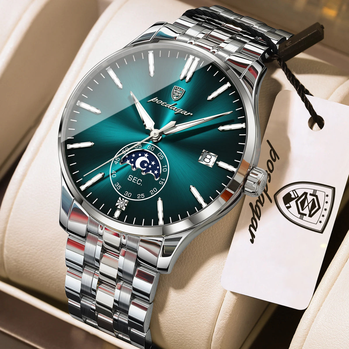 Poedagar 854 Men's Luxury Quartz Watch – Stainless Steel Band, Waterproof, Luminous, Date
