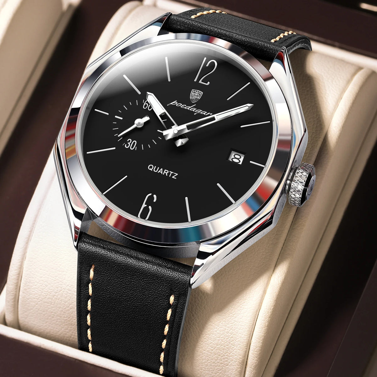 Poedagar 689 Men's Luxury Quartz Watch – Leather Strap, Waterproof, Luminous, Date