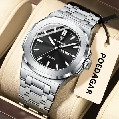 Poedagar 853 Men's Luxury Quartz Watch – Stainless Steel Band, Waterproof, Luminous, Date