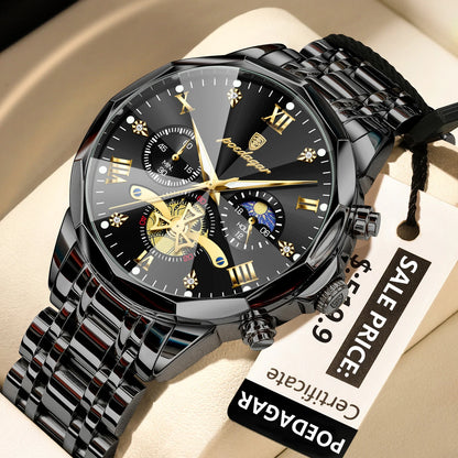 Poedagar 938 Men's Luxury Chronograph Quartz Watch – Stainless Steel Band, Waterproof, Luminous