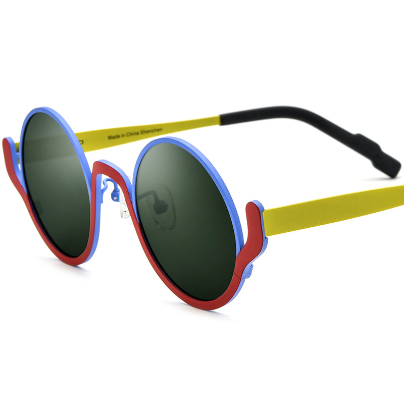 Colourful Titanium Round Polarised Sunglasses - Blue Red Frame Dark Green Lens - MCROONS
