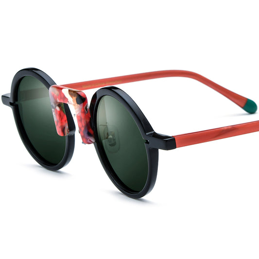 Acetate Round Polarized Sunglasses Vintage Mirrored - Black Red Dark Green Lens - MCROONS