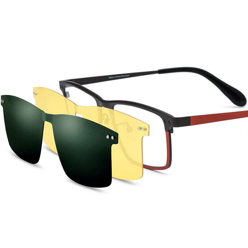 Titanium Rimless Optical Glasses Frame with Magnetic Clip-On Sunglasses - Gray Red - MCROONS