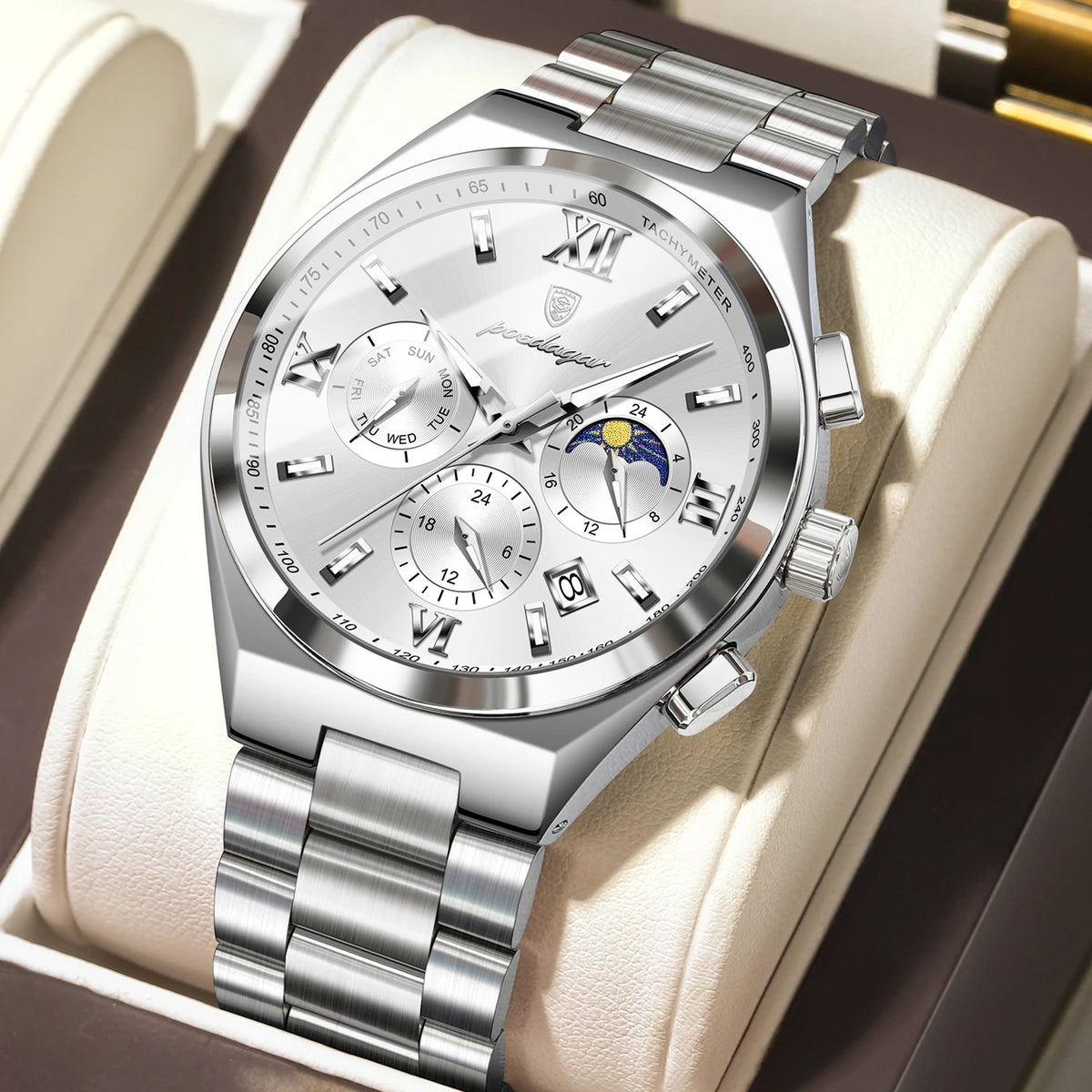Poedagar 688 Men's Luxury Chronograph Quartz Watch – Stainless Steel Band, Waterproof, Luminous, Date