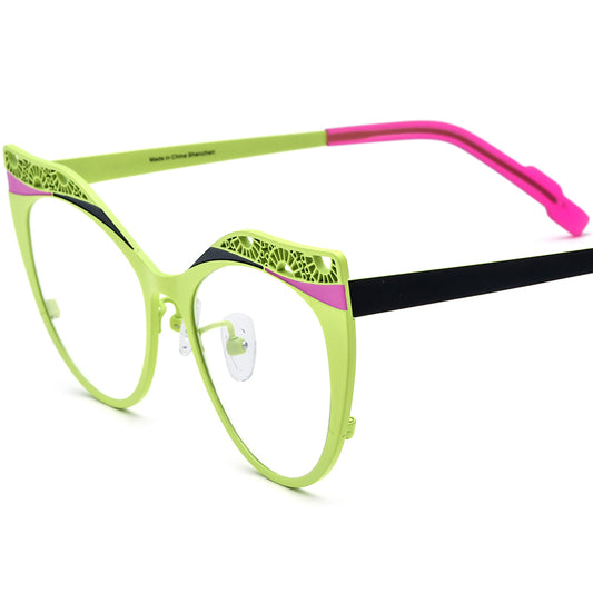 Matte Titanium Hollow-Out Cat Eye Optical Glasses Frame - Matte Green Black - MCROONS