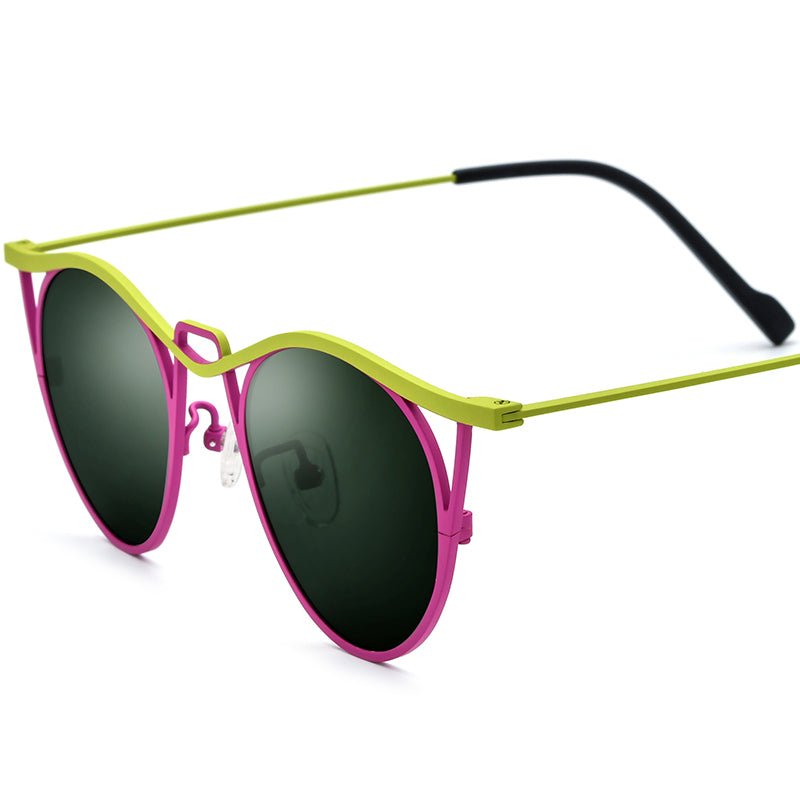 Vintage Titanium Cat Eye Polarized Sunglasses - Green Pink Dark Green Lens - MCROONS