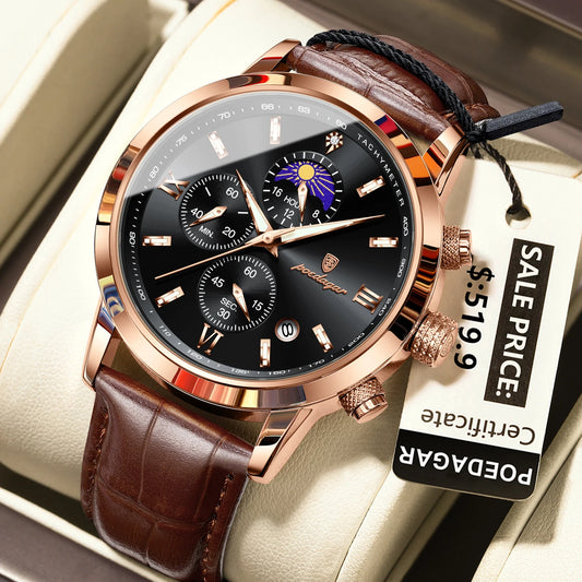 Poedagar 882 Men's Luxury Chronograph Quartz Watch – Leather Strap, Waterproof, Luminous, Date