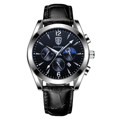 Poedagar 8298 Men's Sport Chronograph Quartz Watch – Leather Strap, Waterproof, Luminous, Date
