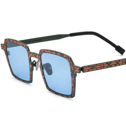 Colourful Titanium Patterned Square Polarised Sunglasses - Green Orange - MCROONS