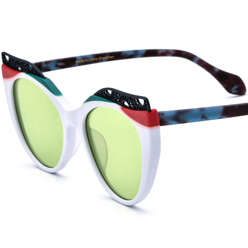 Matte Acetate Cat Eye Sunglasses Big Size Retro - White Green Lens - MCROONS