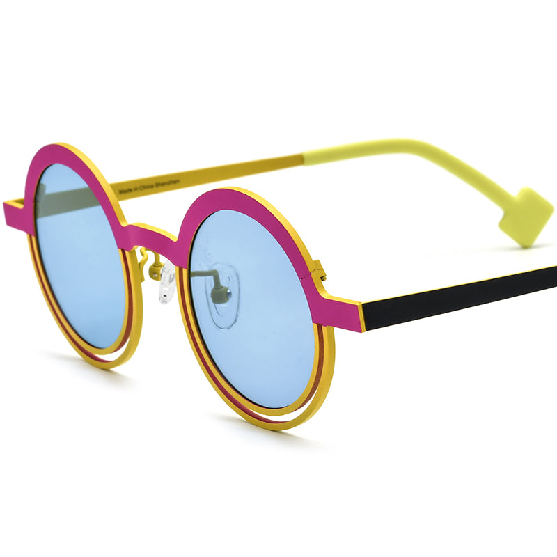 Colourful Titanium Round Halo Polarised Sunglasses - Pink Yellow - MCROONS