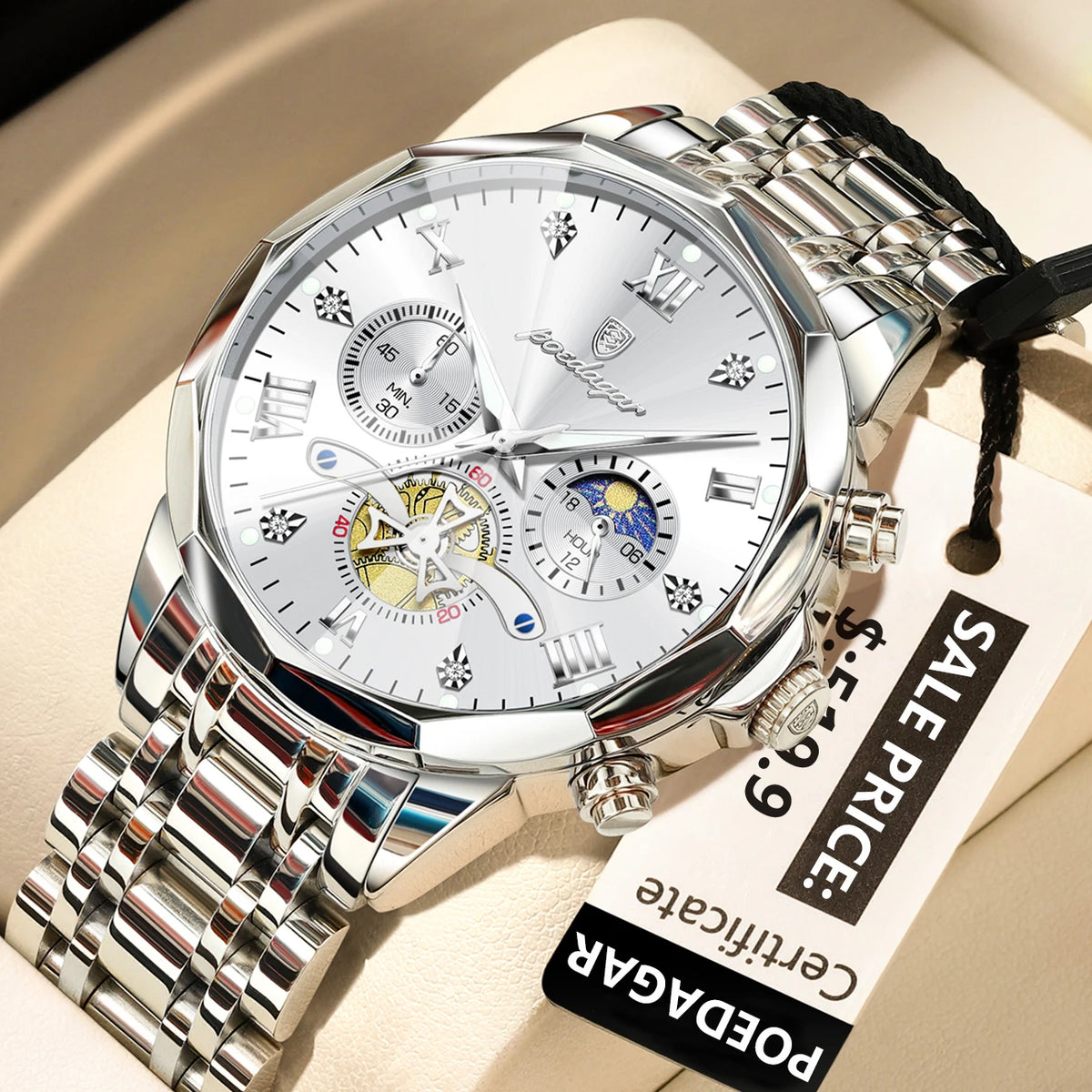 Poedagar 938 Men's Luxury Chronograph Quartz Watch – Stainless Steel Band, Waterproof, Luminous