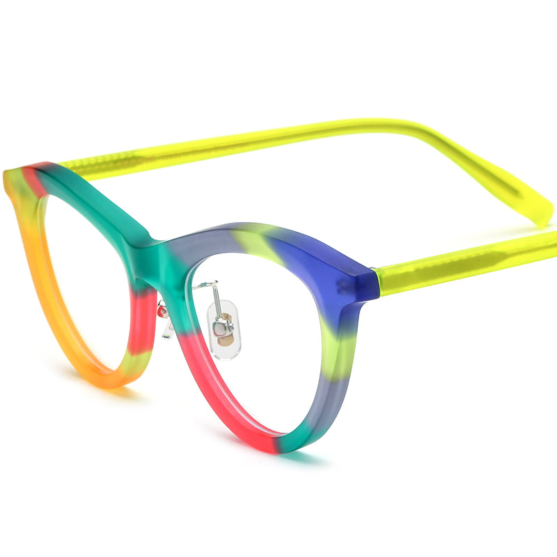 Multicolour Print Acetate Cat Eye Glasses Frame Vintage - Matte Green Pink - MCROONS