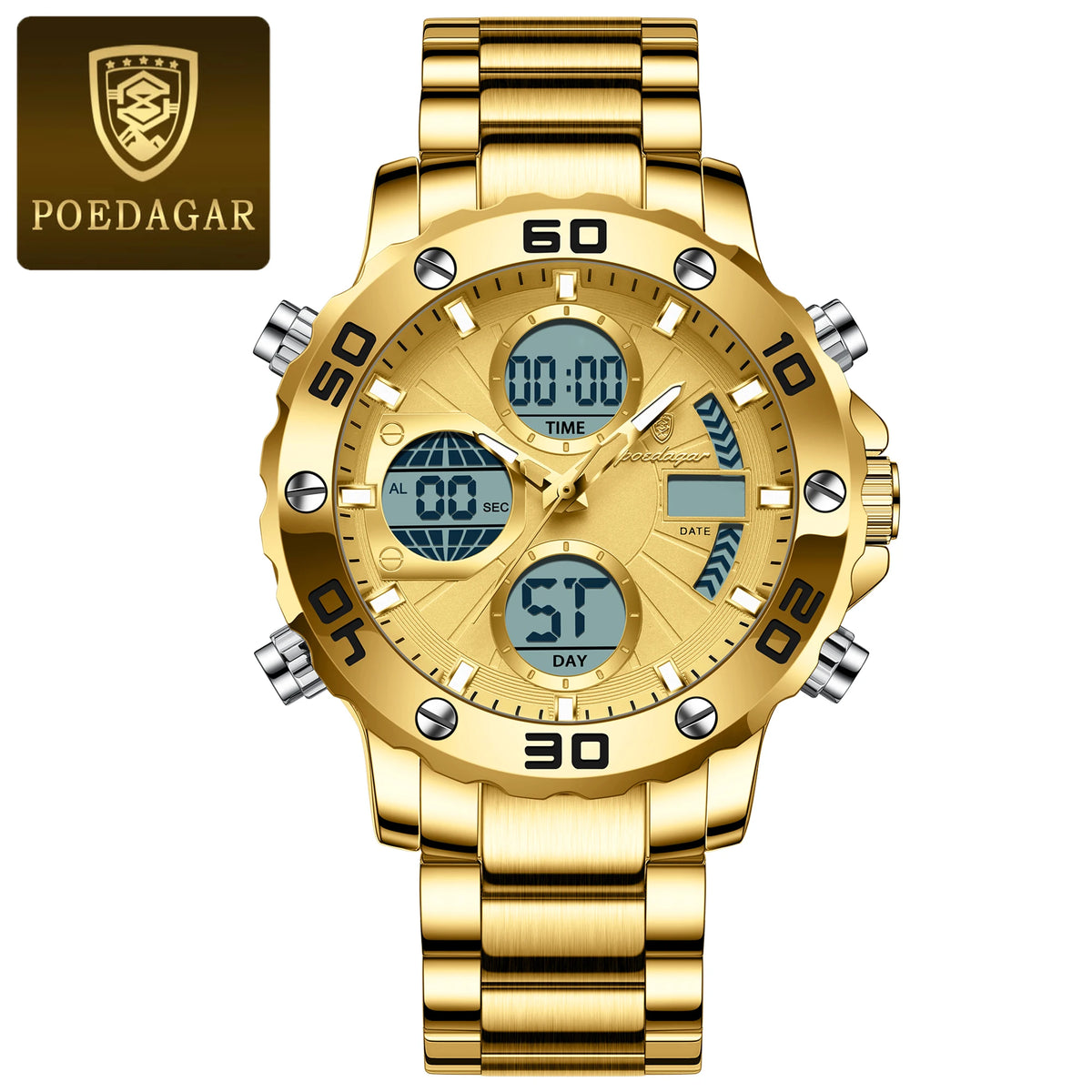 Poedagar E102 Men's Luxury Chronograph Quartz Watch – Stainless Steel Band, Waterproof, Luminous, Date