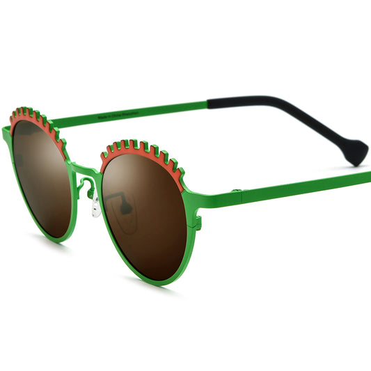 Colourful Titanium Cat Eye Polarised Sunglasses - Orange Green Brown Lens - MCROONS