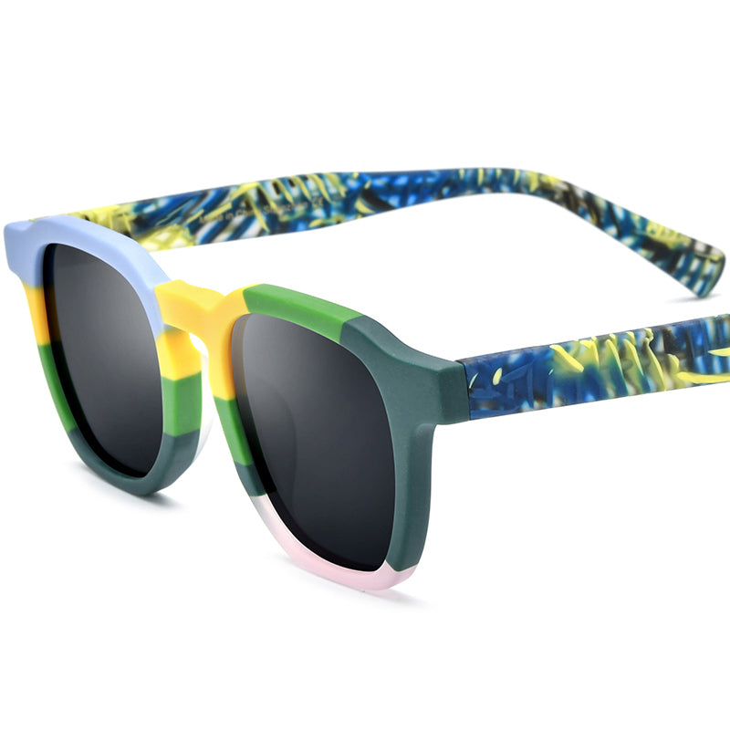 Vintage Multicolour Square Matte Acetate Polarized Sunglasses UV400 - Matte Blue Green Gray Lens - MCROONS