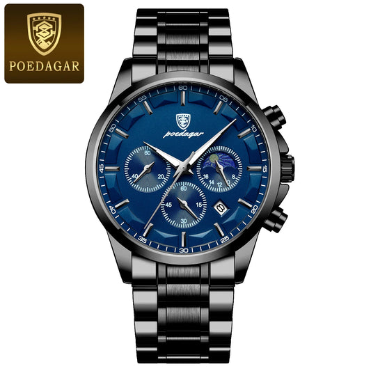 Poedagar 928 Men's Luxury Chronograph Quartz Watch – Stainless Steel Band, Waterproof, Luminous, Date