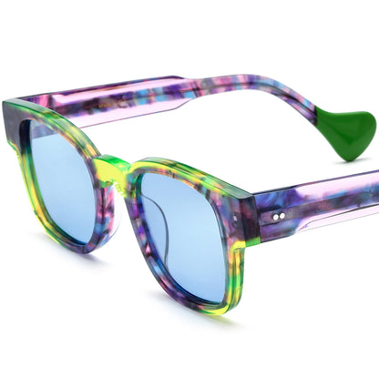 Vintage Multicolour Acetate Square Polarized Sunglasses - Purple Blue Lens - MCROONS