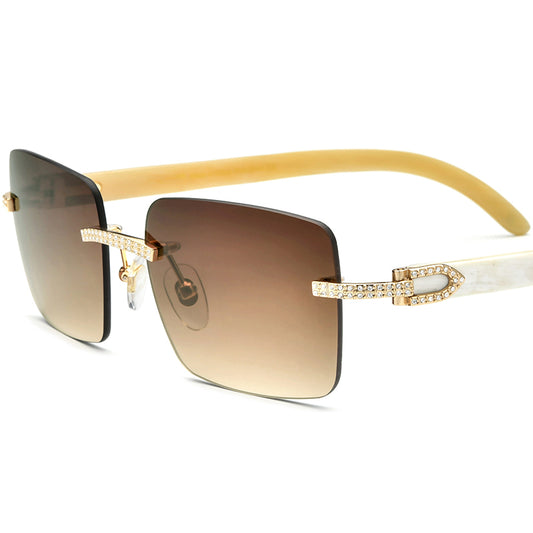 Diamante Rimless Square Sunglasses with Horn-Effect Temple - Brown - MCROONS