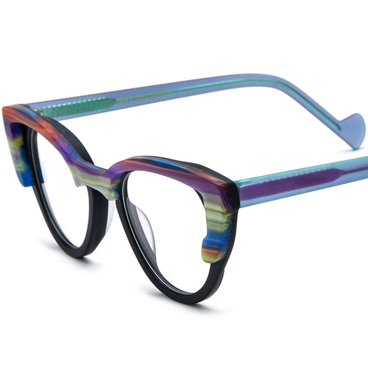 Multicolour Print Acetate Cat Eye Optical Glasses Frame - Colourful Black - MCROONS