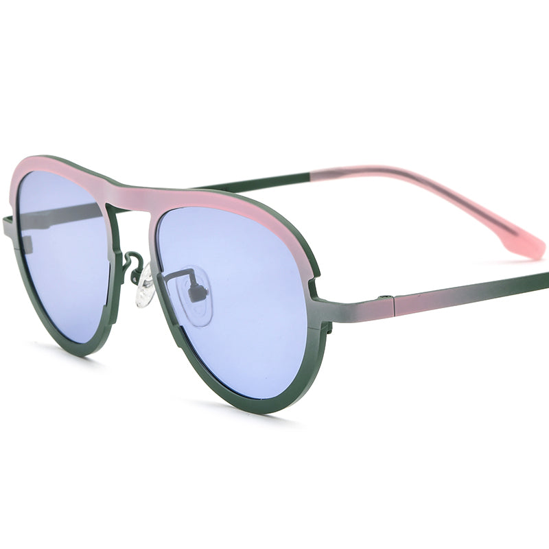 Colourful Titanium Pilot Polarised Sunglasses Retro - Pink Green Frame Purple Lens - MCROONS