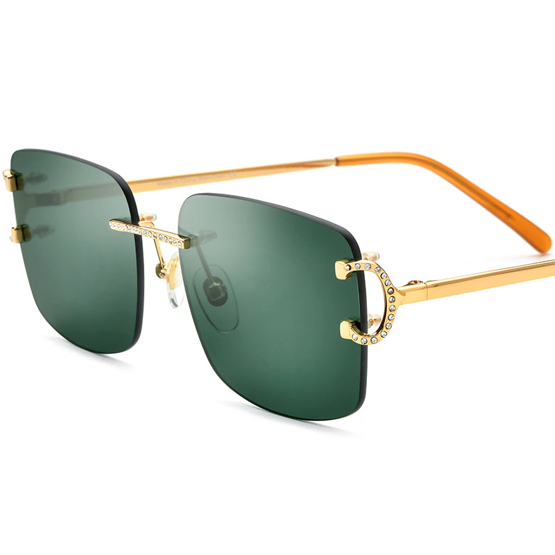 Rimless Square Sunglasses with Crystal Hinge Detail - Gold Dark Green - MCROONS