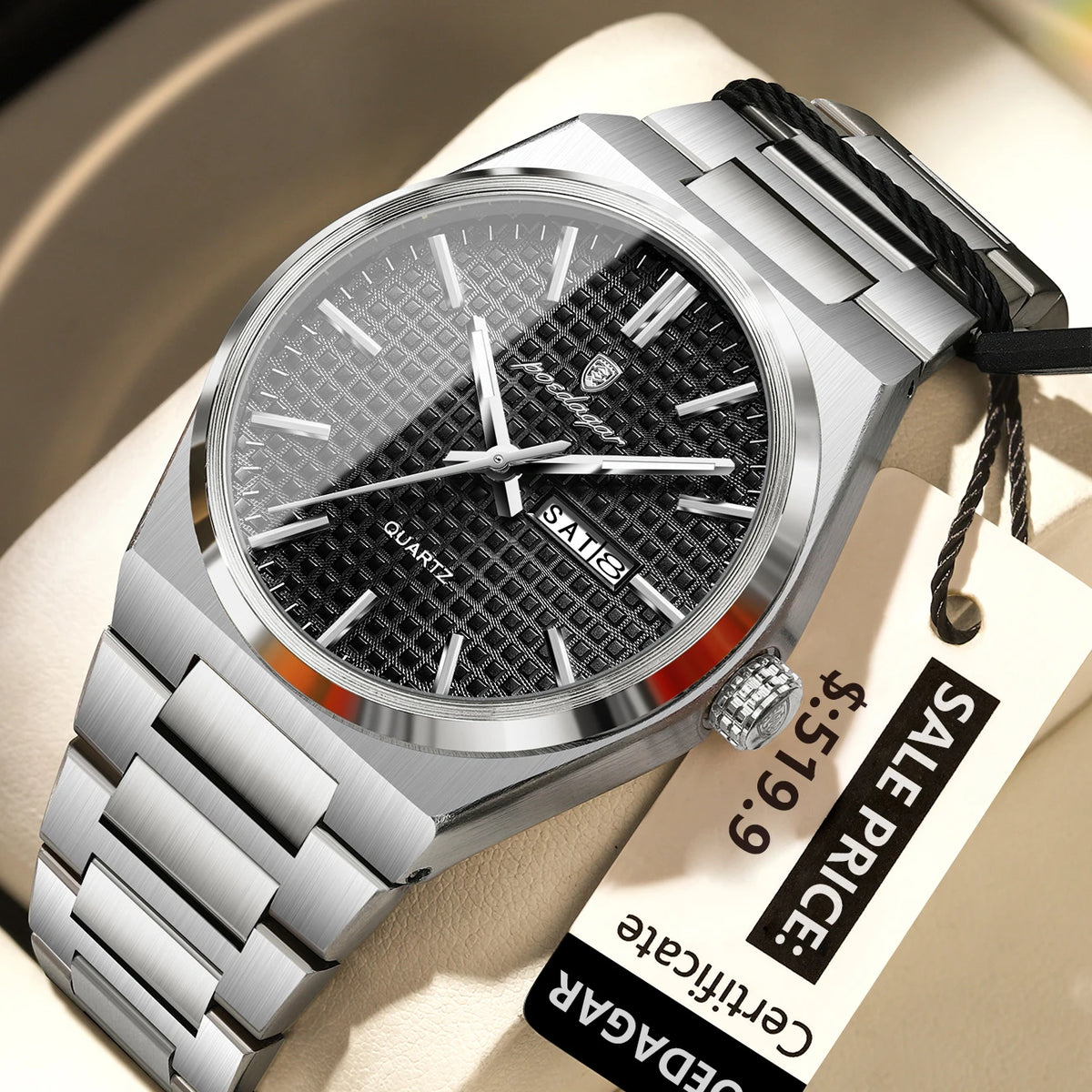 Poedagar 874 Men's Luxury Quartz Watch – Stainless Steel Band, Waterproof, Luminous, Date