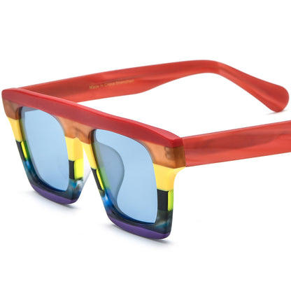 Matte Acetate Square Polarized Sunglasses Vintage - Red Purple Blue Lens - MCROONS
