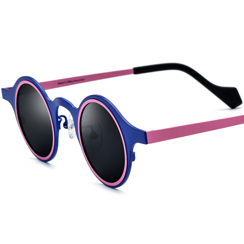 Colourful Titanium Round Polarised Sunglasses - Blue Frame Gray Lens - MCROONS