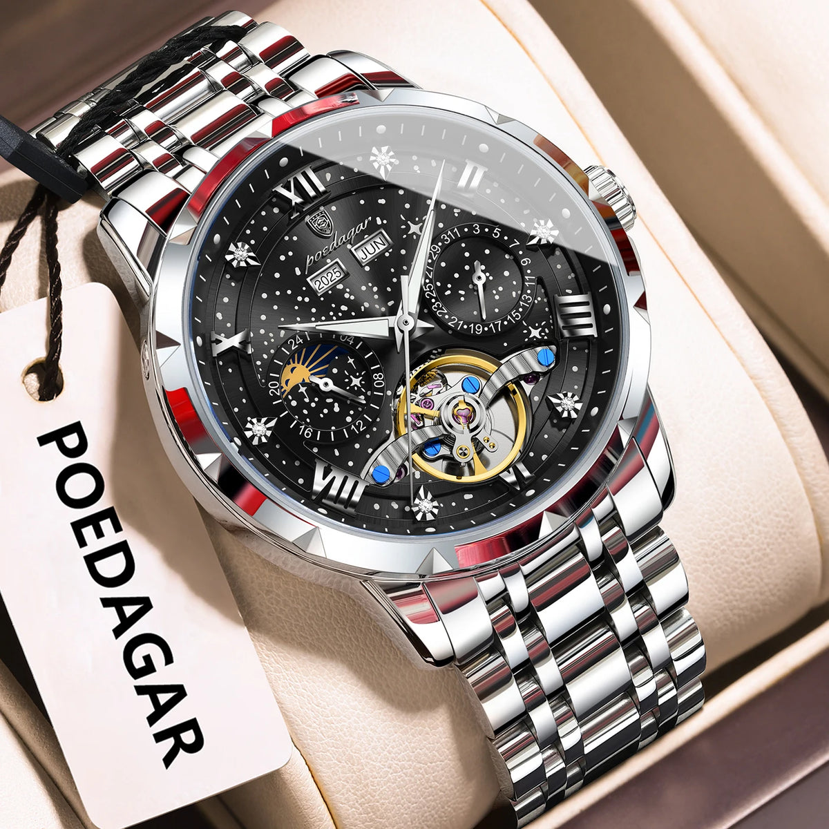 Poedagar 1420 Men's Luxury Automatic Mechanical Watch – Stainless Steel Band, Waterproof, Luminous, Date