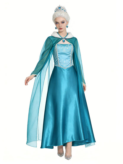 Blue Ice Queen fantasy ball gown costume by MCROONS with intricate details and flowing fabric for Halloween or costume events.