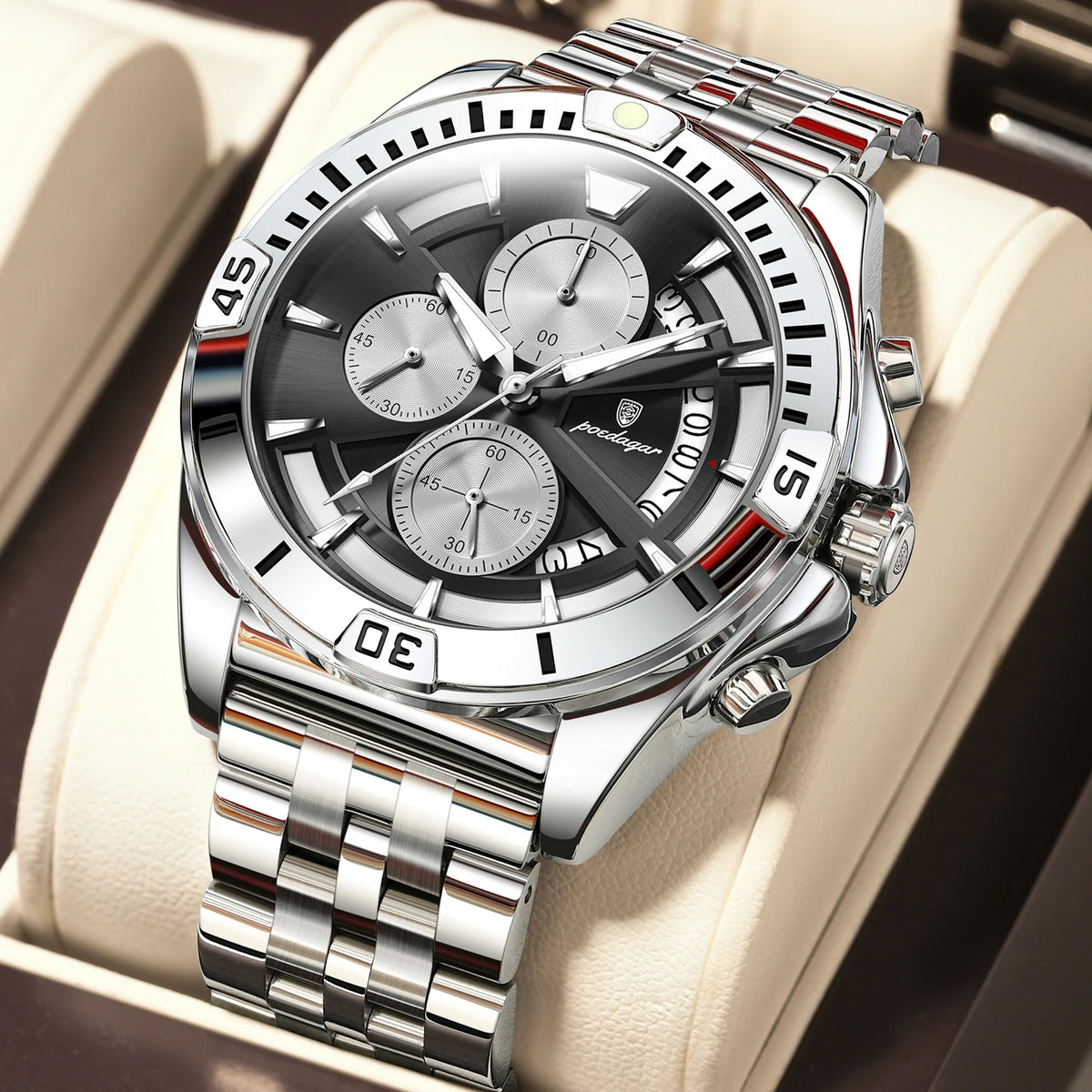 Poedagar 695 Men's Luxury Chronograph Quartz Watch – Stainless Steel Band, Waterproof, Luminous, Date
