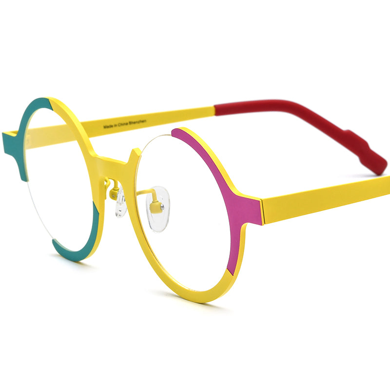 Colourful Titanium Semi-Rimless Round Optical Glasses Retro - Matte Yellow - MCROONS