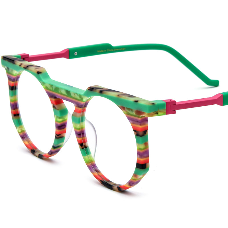 Oversized Round Multicolour Acetate Optical Glasses Frame - Green - MCROONS