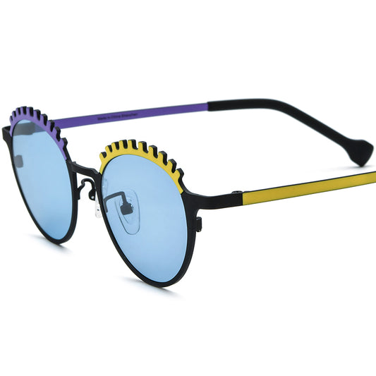 Colourful Titanium Cat Eye Polarised Sunglasses - Purple Yellow Blue Lens - MCROONS