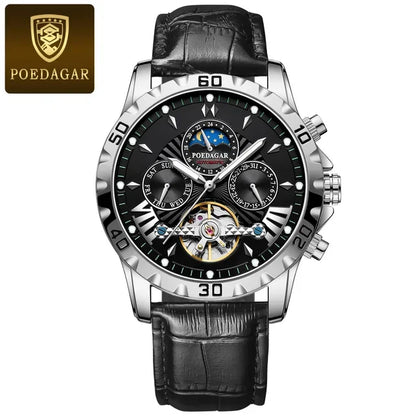 Poedagar 1410 Men's Luxury Automatic Mechanical Watch – Leather Strap, Waterproof, Luminous, Date