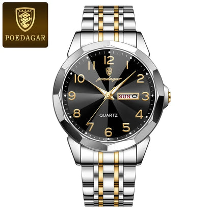 Poedagar 852 Men's Luxury Quartz Watch – Stainless Steel Band, Waterproof, Luminous, Date
