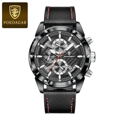 Poedagar 860 Men's Luxury Chronograph Quartz Watch – Leather Strap, Waterproof, Luminous, Date