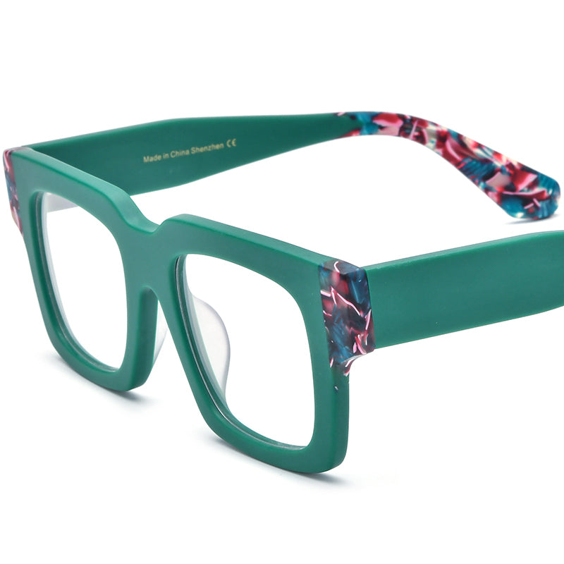 Retro Colourblock Square Matte Acetate Optical Glasses Frame - Matte Green - MCROONS