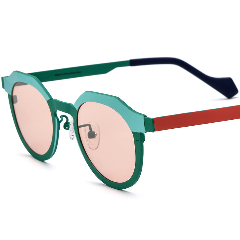 Colourful Titanium Cat Eye Polarised Sunglasses - Cyan Green Frame Pink Lens - MCROONS