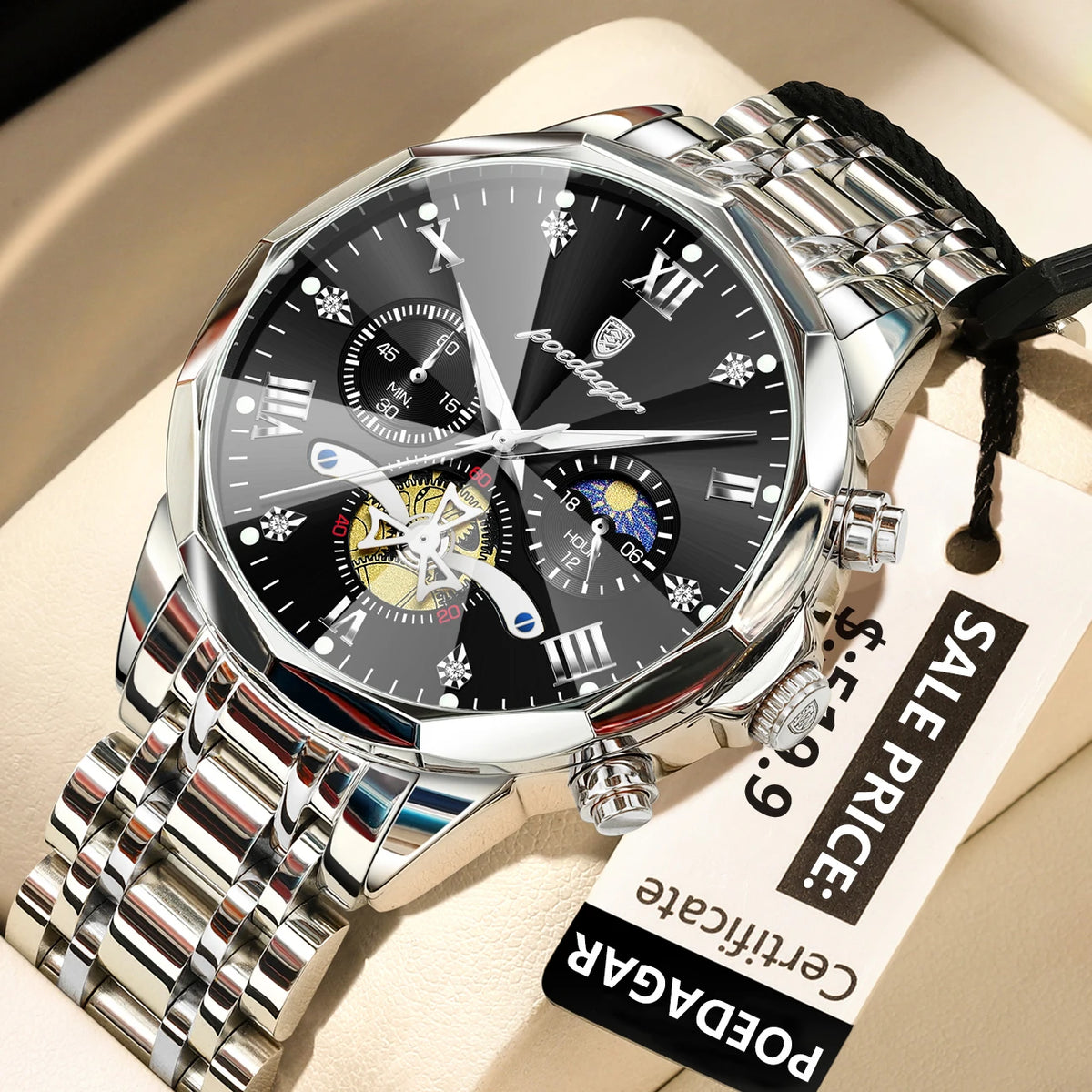 Poedagar 938 Men's Luxury Chronograph Quartz Watch – Stainless Steel Band, Waterproof, Luminous