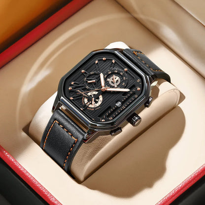 Poedagar 628 Men's Sport Chronograph Quartz Watch – Leather Strap, Waterproof, Luminous, Date
