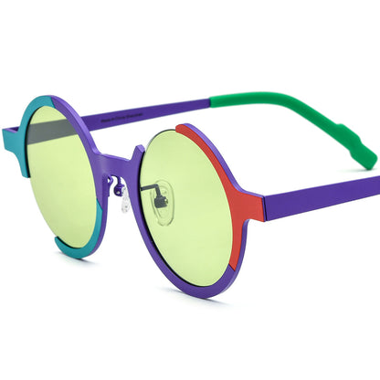 Colourful Titanium Round Polarised Sunglasses - Purple Frame Green Lens - MCROONS