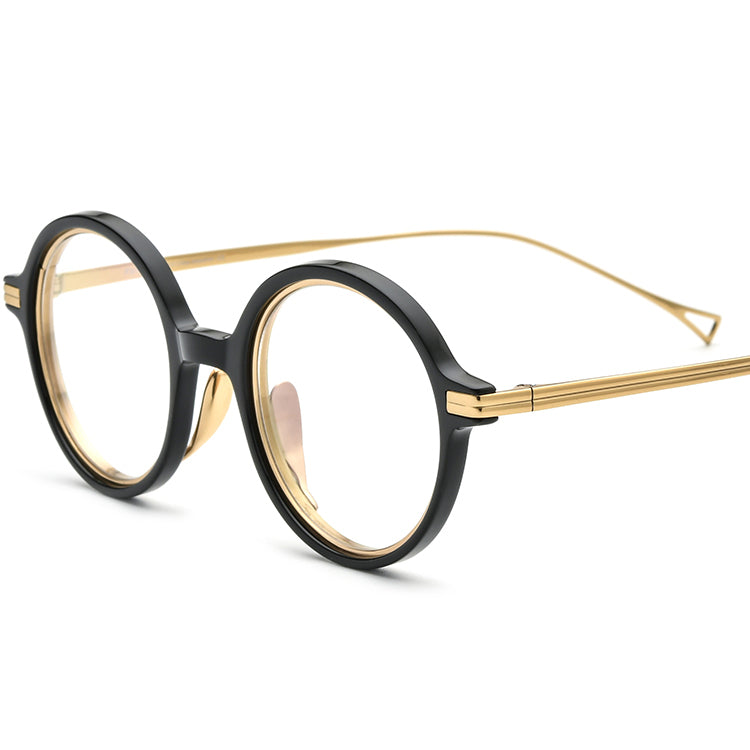 Ridged Temple Round Acetate Glasses Frame - Black - MCROONS