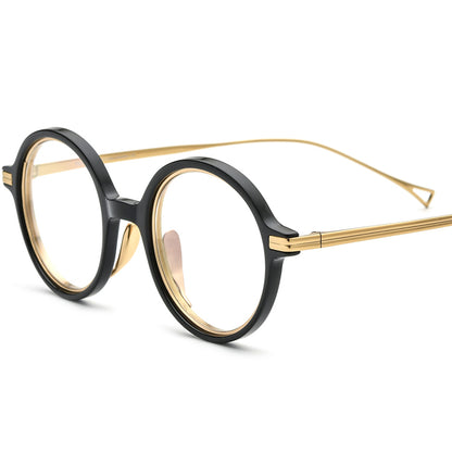 Ridged Temple Round Acetate Glasses Frame - Black - MCROONS