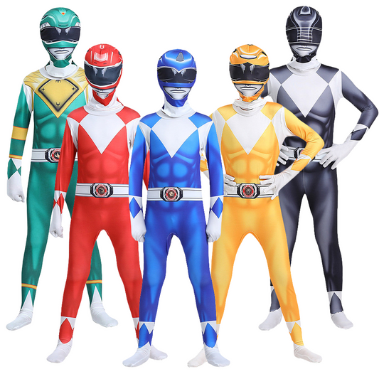 Men's Ranger Squad jumpsuit costume by Mcroons in high-stretch milk silk fabric, suitable for adult Halloween cosplay.