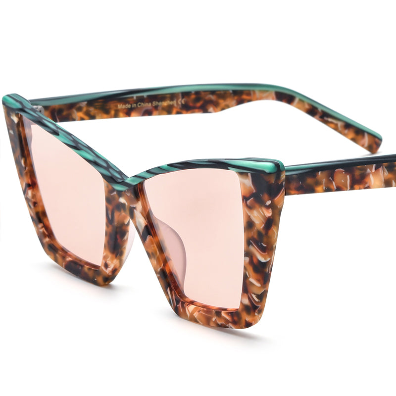Retro Oversized Cat Eye Matte Acetate Polarized Sunglasses UV400 - Matte Leopard Pink Lens - MCROONS