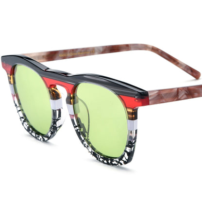 Vintage Multicolour Round Acetate Polarized Mirrored Sunglasses - Black Transparent Green Lens - MCROONS